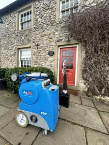Ready to start carpet cleaning at Marlon Dingles house in Emmerdale 